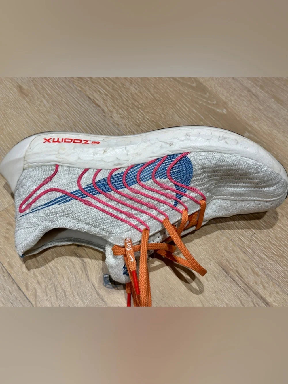Women’s Nike White Knit Running Shoes - Blue Swoosh, Pink Stripes & Orange Laces - Picture 6 of 16